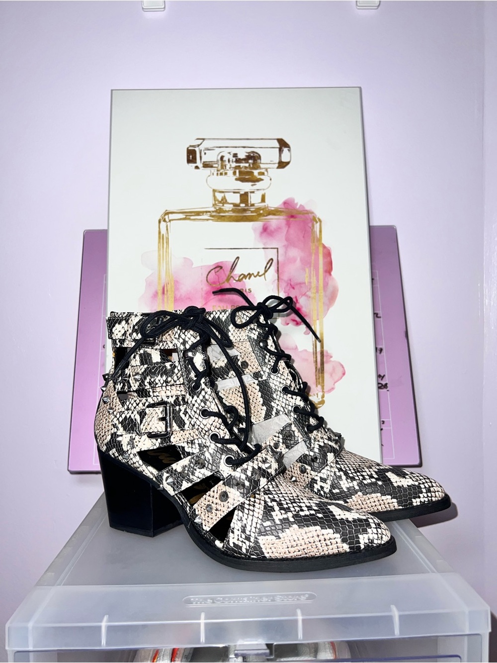 Sam Edelman Snake-Print Lace-Up Block Heel Ankle Boots - Black & Cream